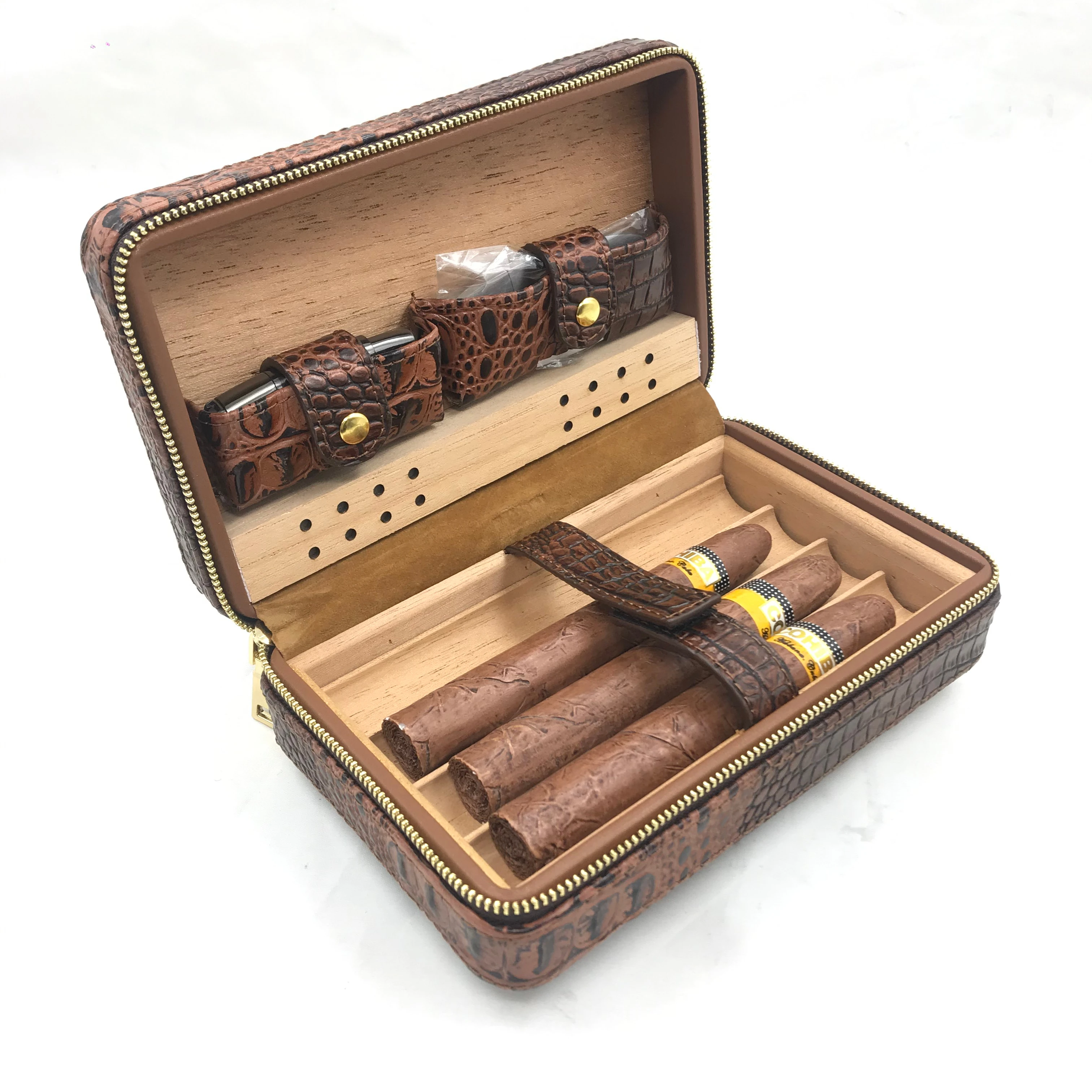 Custom Pattern Crocodile Leather portable cedar humidor cigar cedar PU case wood cigar humidor box