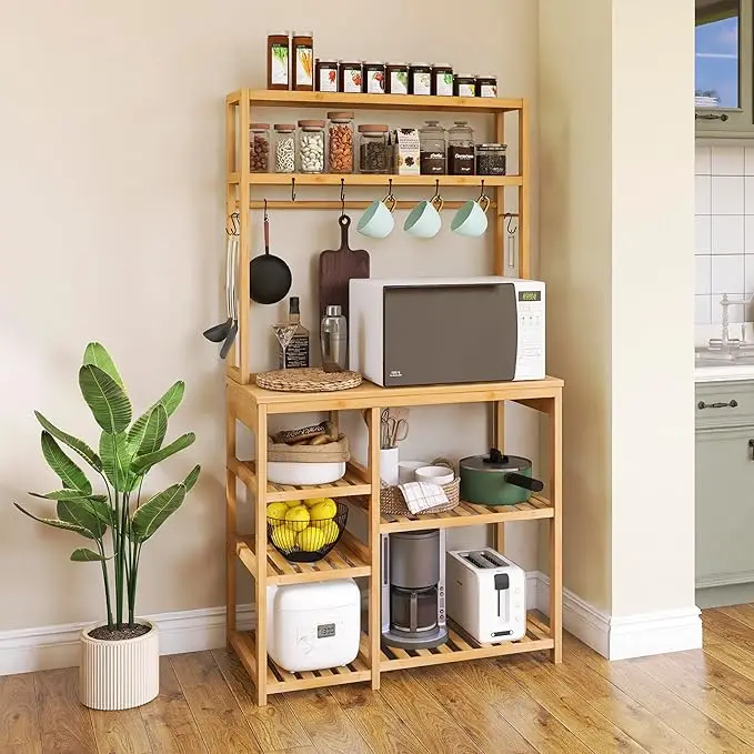 Kitchen Baker Rack Utility Storage Shelves 10 Hooks Coffee Bar Table Station Shelf Bamboo Standing Rack 8-Tier Microwave Stand