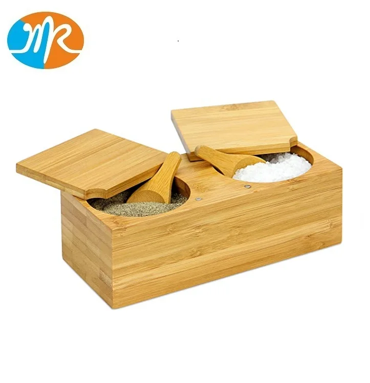 Bamboo Spice Salt  Pepper Box  Magnetic Hinged Pot Includes 2 Spoons  2 Part Sectioned Wood Salt Pig for Herbs