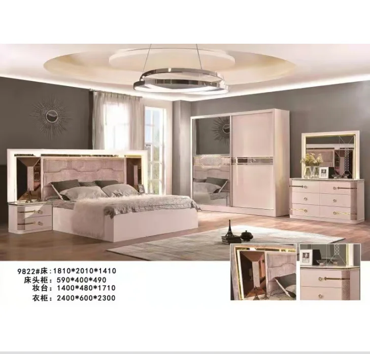 African glass mirrored elegant complete Bedroom Sets Luxury King Size LED lighted turkish bedroom furniture set 5pcs