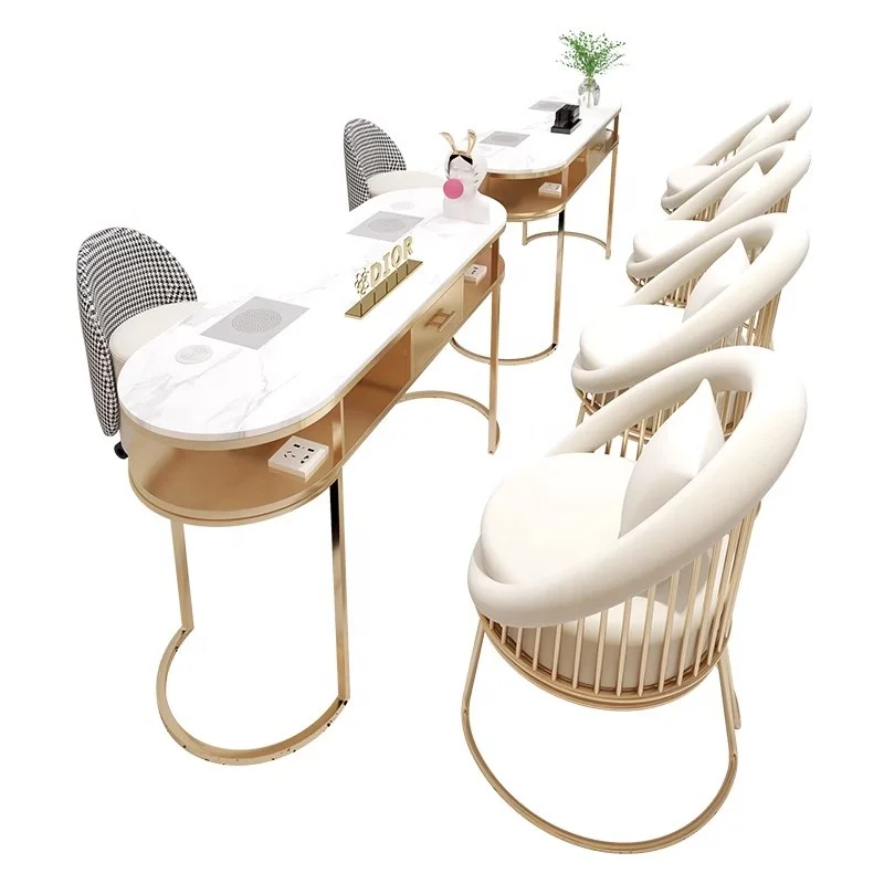 Wholesale luxury nail shop salon table and chair gold frame marble top double modern manicure tables