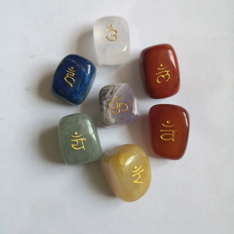 crystals healing stones engraving mantra figured Gemstone seven  chakra sets for spiritual health care therapy
