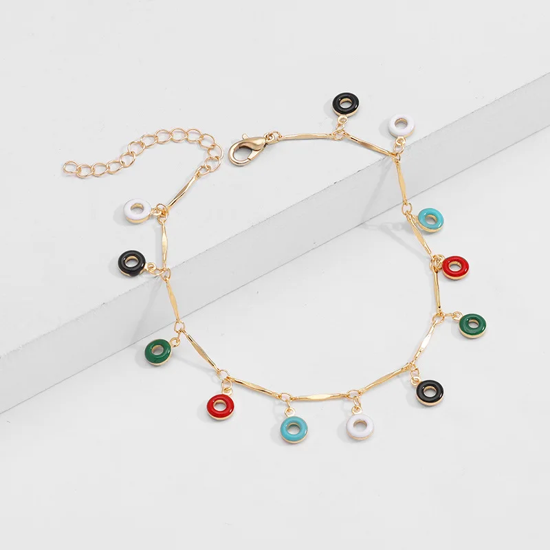 Fashion Ankle Chain Rainbow Colorful Dropping Oil Enamel Circle Tassels Beaded Charms Anklets Foot Jewelry Woman