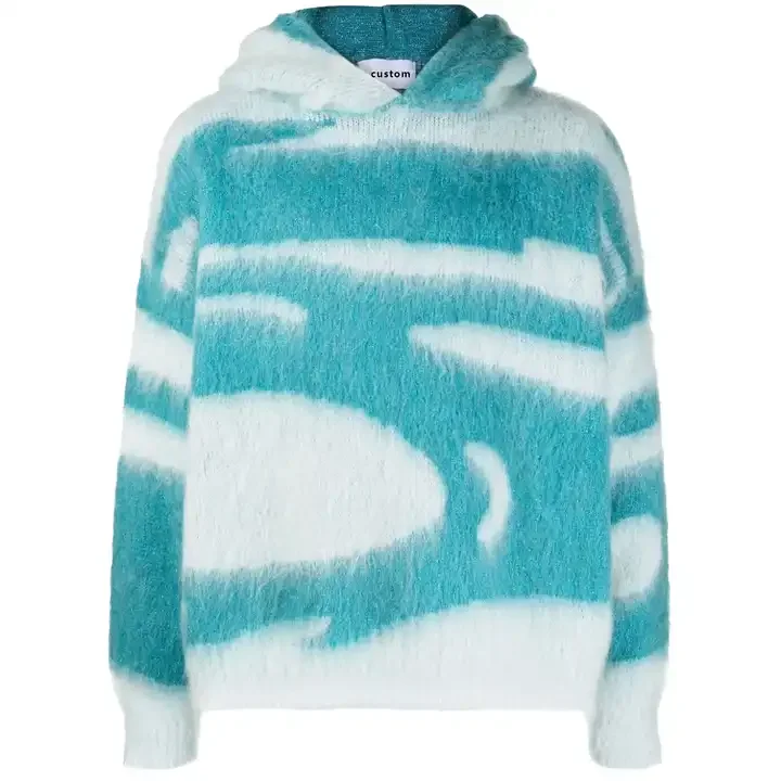 2024 custom mohair knitted hoodie dropped shoulder jacquard knitwear winter fluffy wool sweaters for men