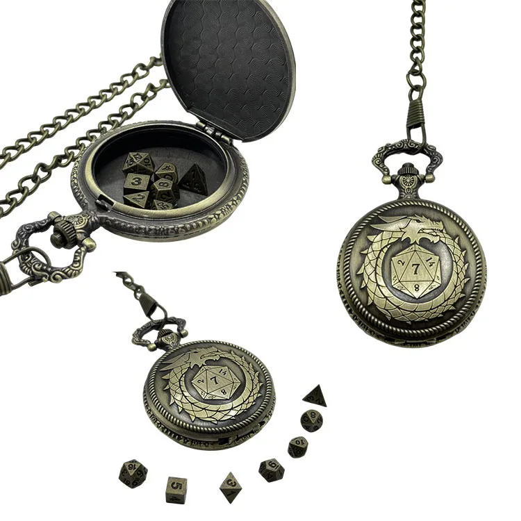 Premium D20 Dragon Pocket Watch Shell DND Dice Case with Mini Metal Dice Set Board Game Accessories