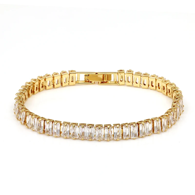 High Quality Polished Rhodium Plated Baguette Cubic Zirconia CZ Crystal Tennis Bracelets