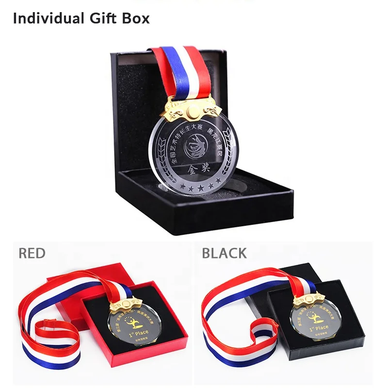 Yiwu Medals And Trophies Manufacture Wholesale Sport Engraving Crystal Medal With Gift Box