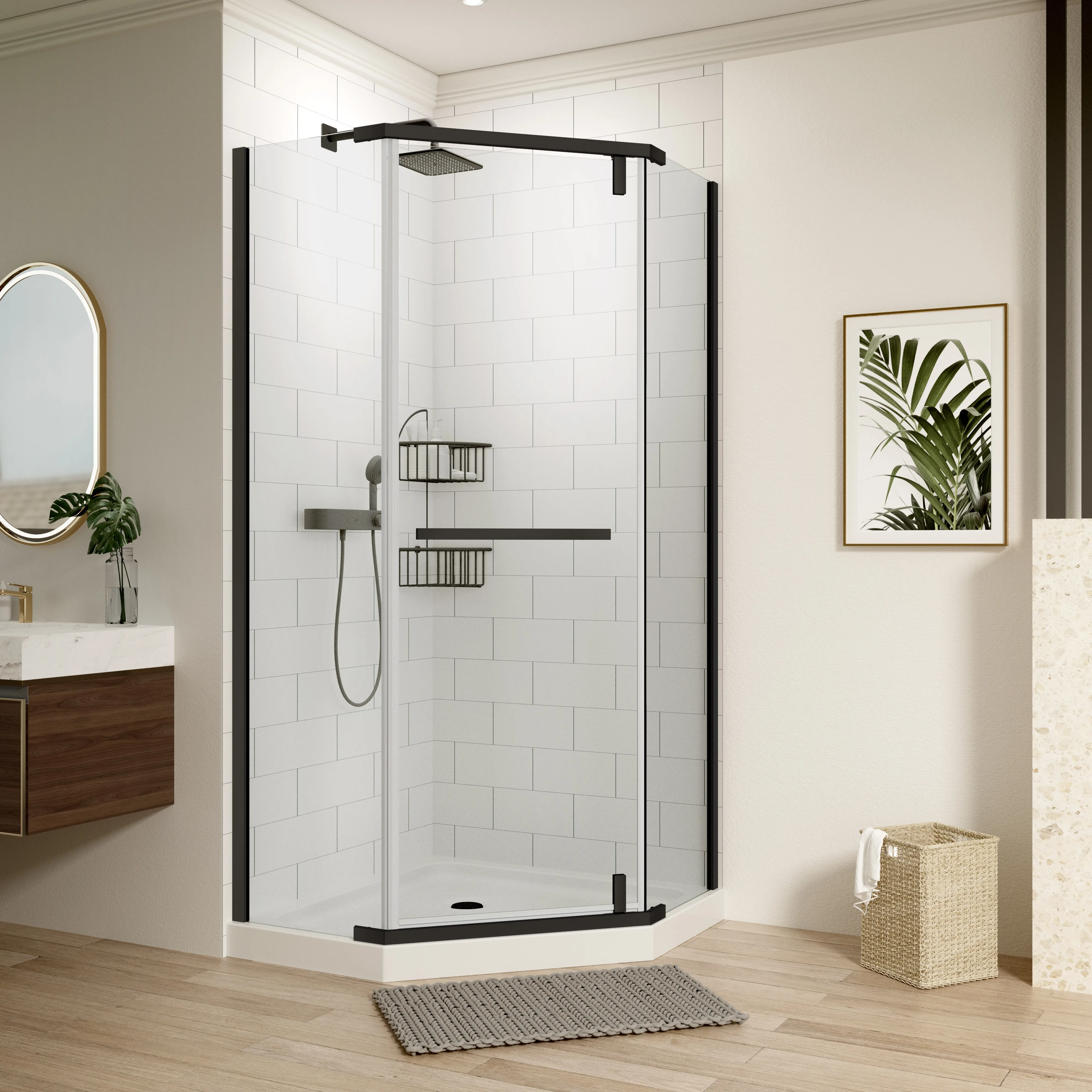 Frameless free standing corner shower sliding door shower cubicle bathroom with base