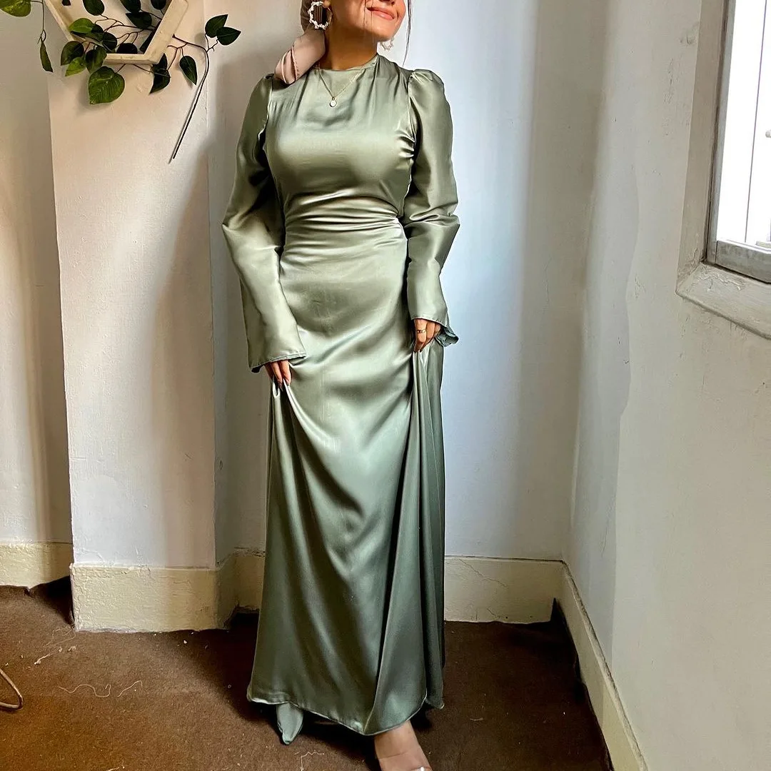 Islamic Clothing Muslim Dresses Long Sleeves A-line Swing Dress Pile Collar Satin Muslim Women Dress