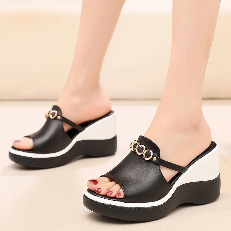 summer footwear new styles products trending genuine ladies pure leather wedge slippers for women and ladies