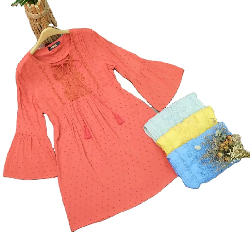 Hot Selling Long Flare Sleeve Cheap Apparel Stock Blue Long Frock Bohemian Hand Embroidered Loose Dress