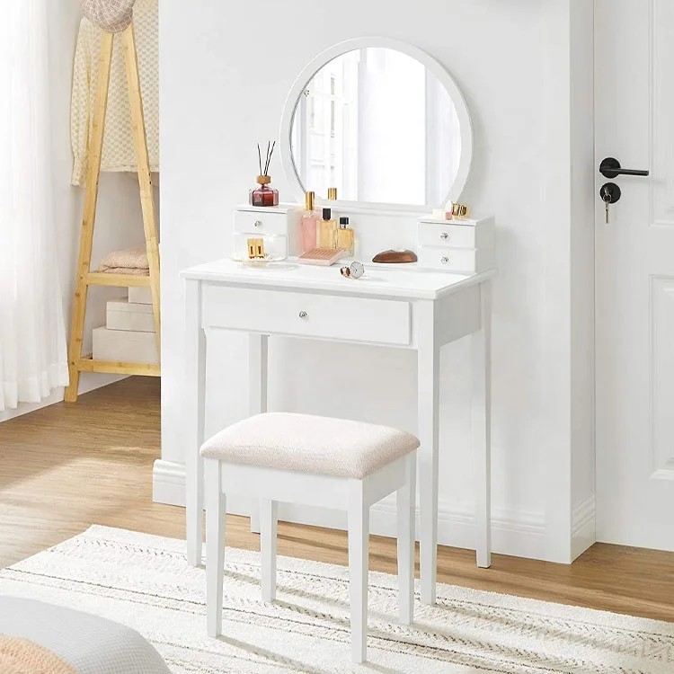 Wholesale modern european simple bedroom dressing table chair in white with mirror and stool