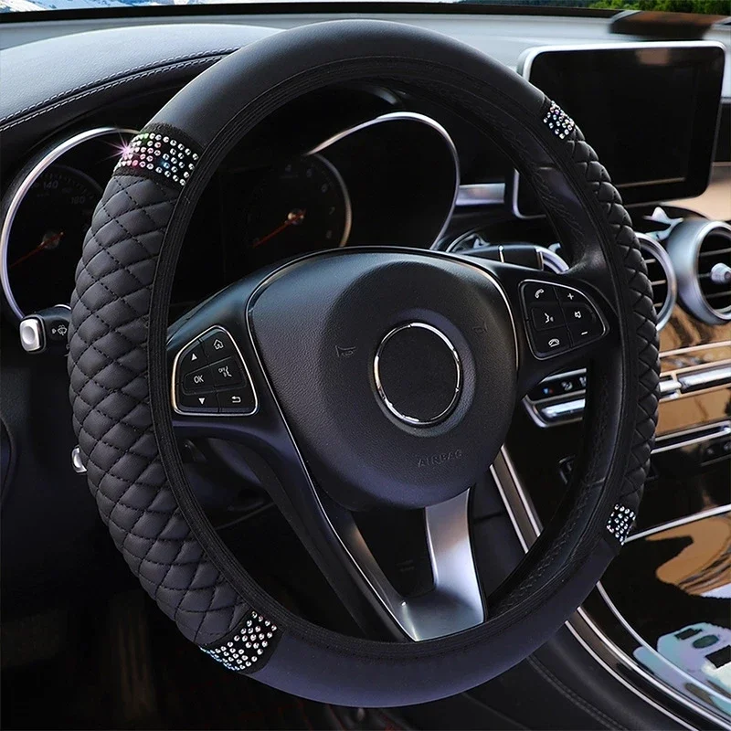 Universal Car Steering Wheel Cover 37-38cm Leather Embroidered Color Diamond-Studded Elastic Four Seasons