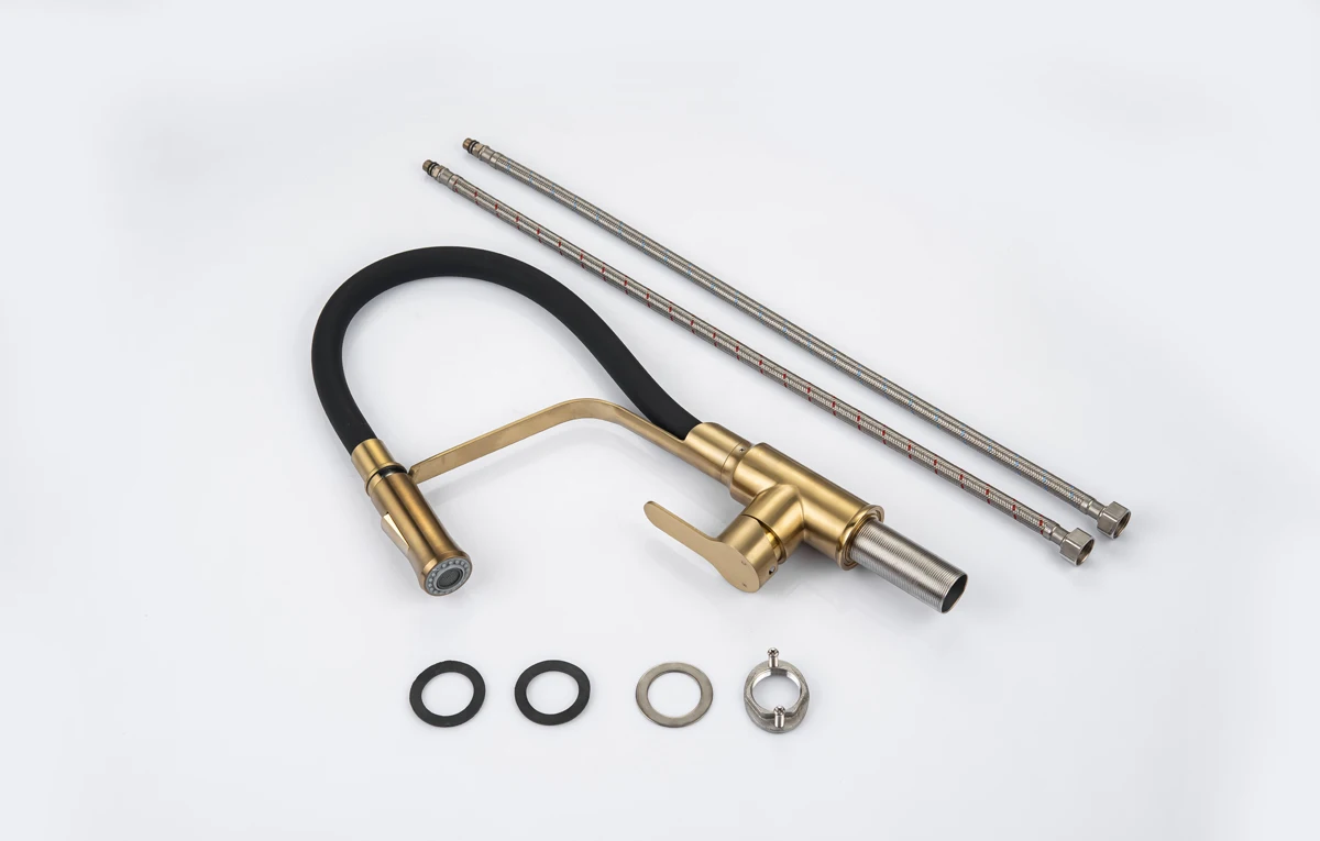 Hot In South Of America Rubber Flexible Hose Brass Body Single Handle Gold Polish Black Pull-down Kitchen Faucet