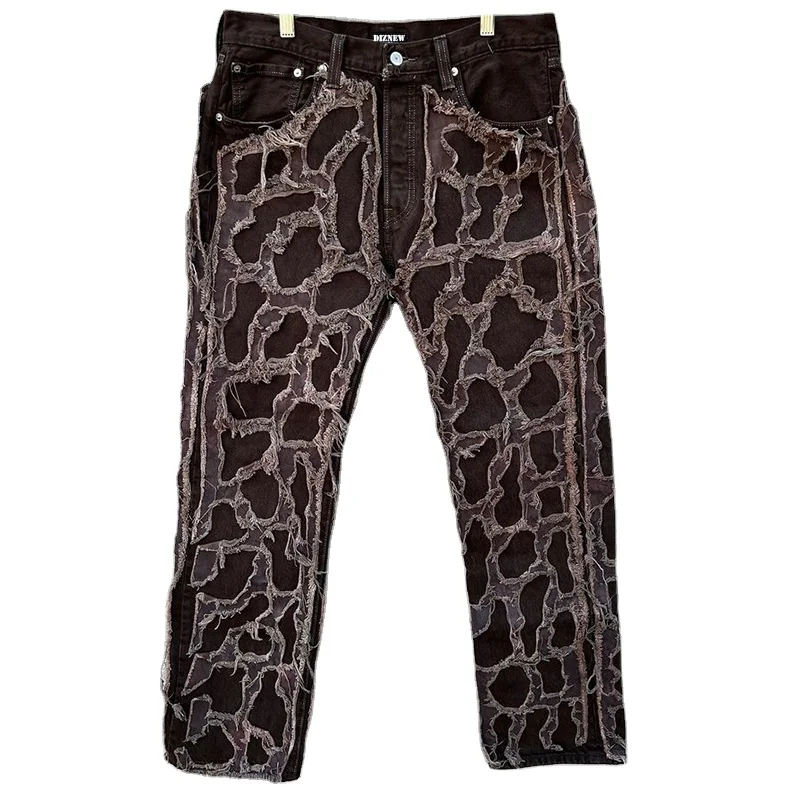 DiZNEW Custom Street loose straight embroidery tear distressed pocket patch loose denim jeans printed jeans Men jeans plus size