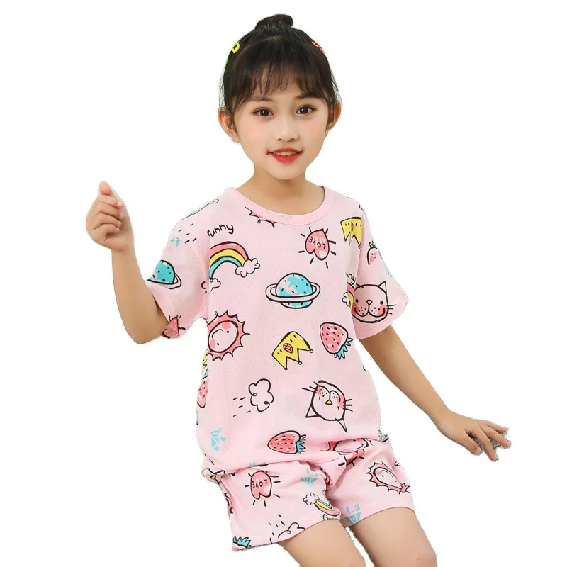 custom printing kids girls short sleeve summer cotton pink cute cat design cheap nighties sleepwear pajamas set