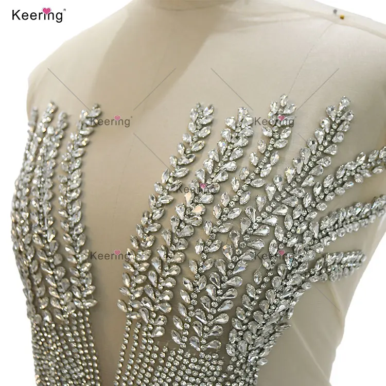New Arrival Keering exquisite Bling Bling Shiny Wedding Dress silver good rhinestone bodice applique panel