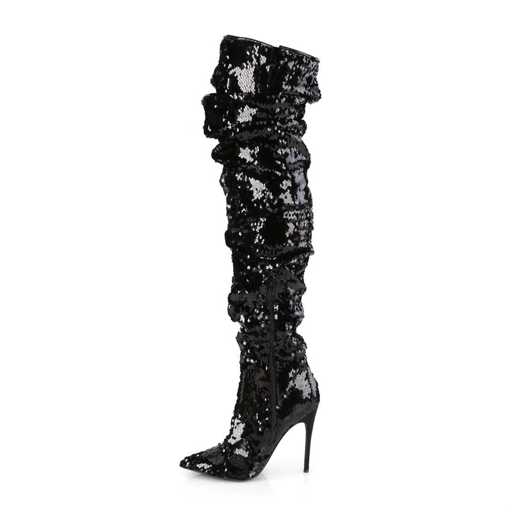 13cm sexy pointy glitter embellished over-the-knee boot pointy high heel 1/3 inside zipper pole dance shoes