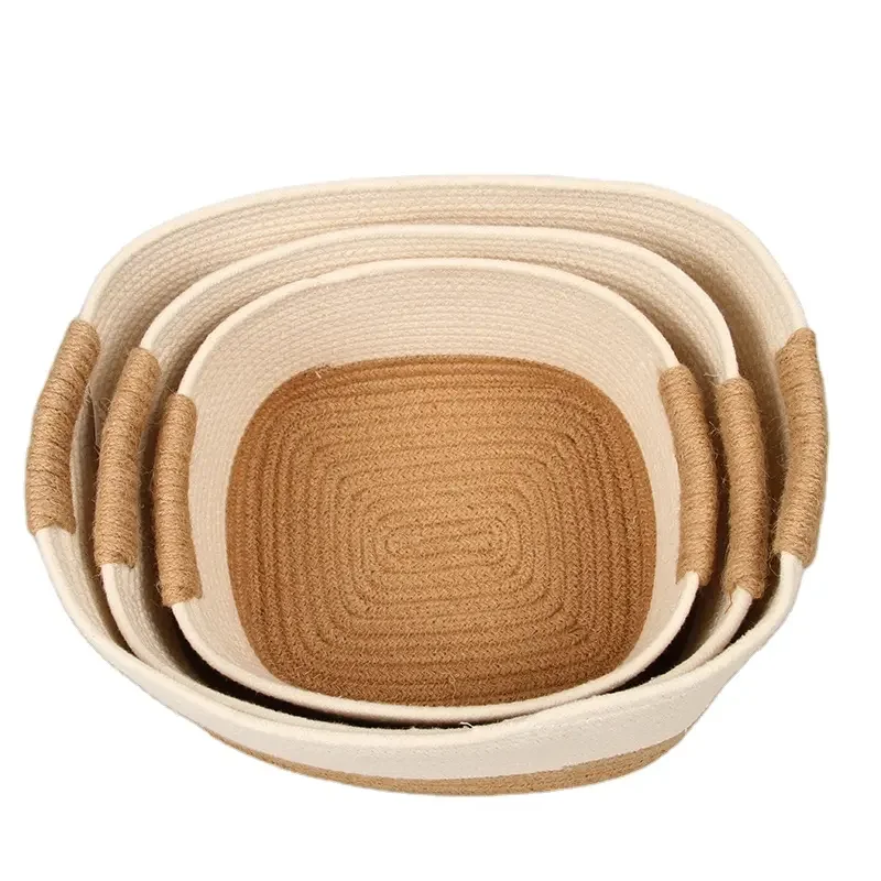 Simple Set of 3 Customization hand made beige white multi-function cotton rope storage basket
