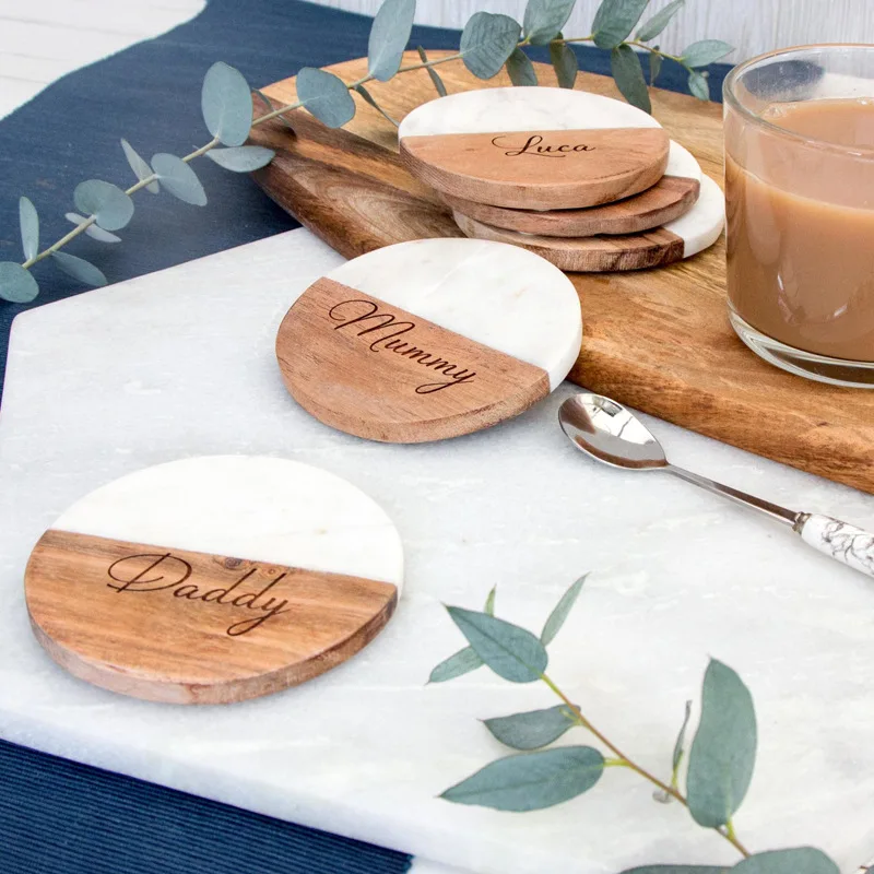 September New arrival personalized design round beverage home decoration Acacia marble splicing coaster