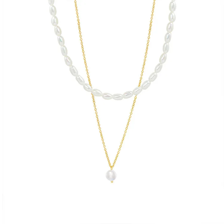 SP Natural Beads Jewelry 18K Gold Plated Stainless Steel Made Double Layered Freshwater Pearl Chain Necklace