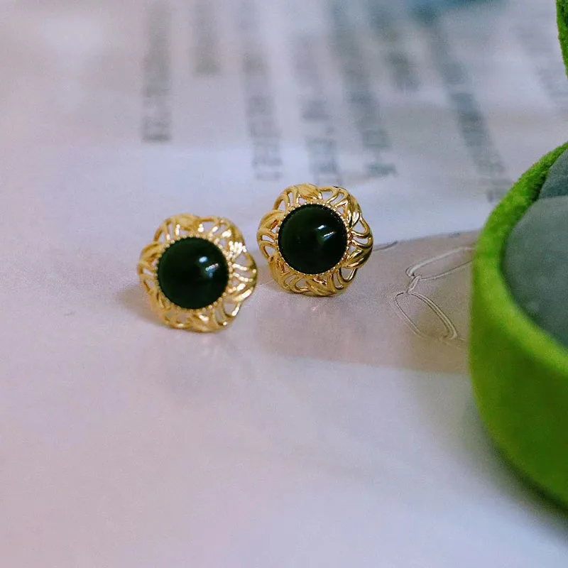 Luxury Fashion Pure Real 18K Gold Black Onyx Earrings Jewelry Women Ladies Female Bridal Engagement Wedding Earrings