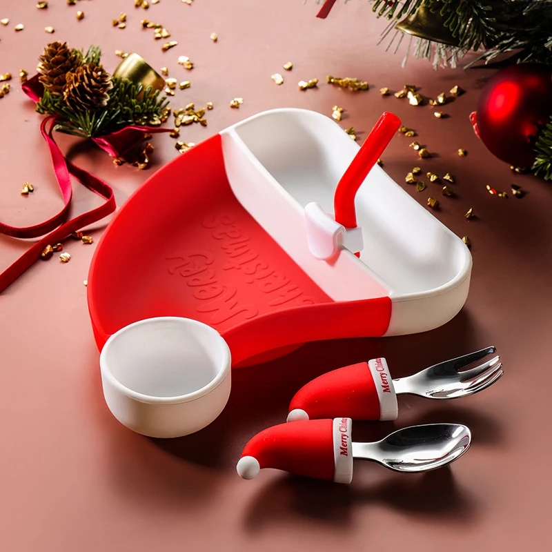 New Products Christmas Factory Wholesale Silicone Baby Bib Feeding Set Creative Forks, Spoons, Tableware,Hats, Silicone Divided
