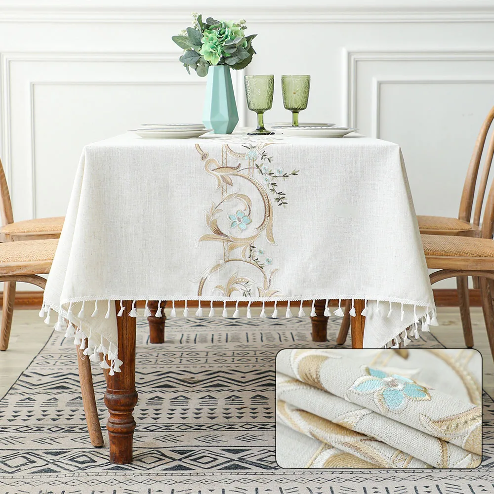 Wedding Table Cloth Embroider Rosette Flower Custom Linen Hand Cotton Red Flower Embroidered Linen Tablecloths Cloth