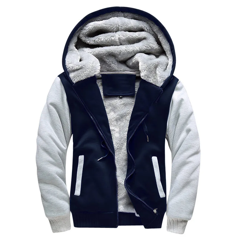 Fleece Full-zip Hooded Jacket Men Winter Warm Hoodie Sweater Jacket Fur Lined Hooded Coat
