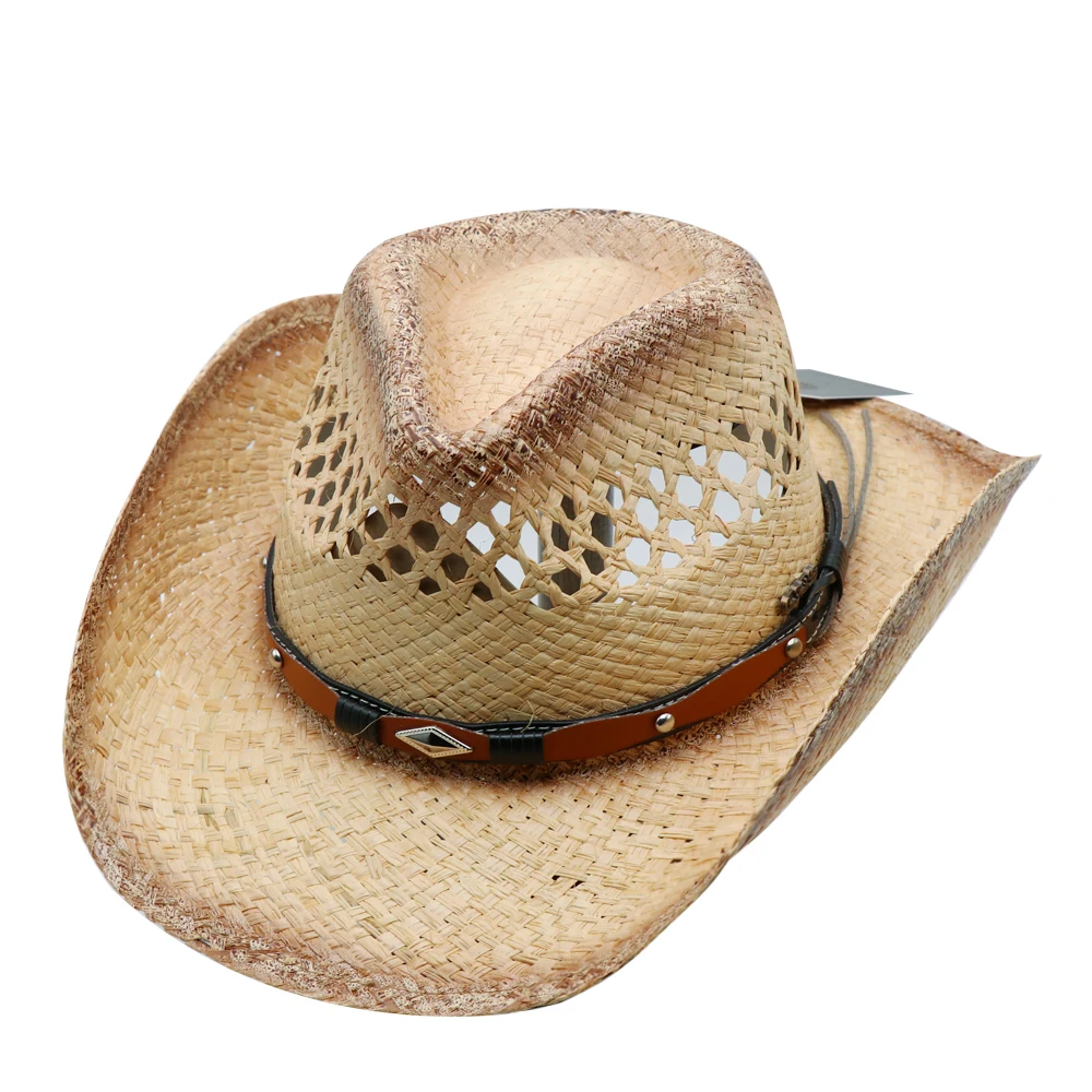 Outdoor Beach Sun Protection Western Style Straw Cowboy Hat Empty Top Straw Hat Visor Hat