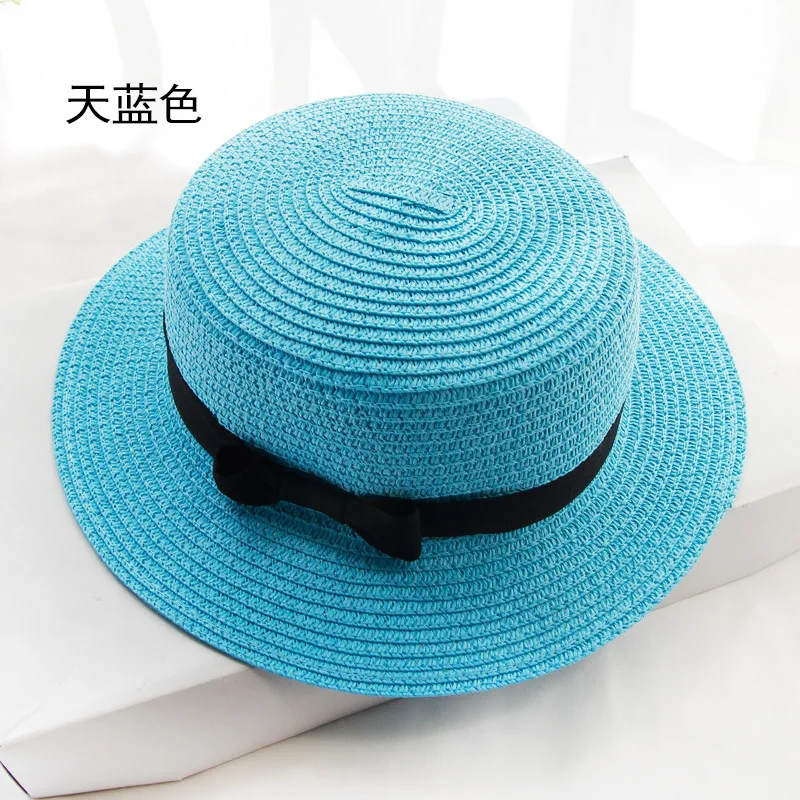 
Wide Brim with bowknot paper boater flat top collapsible straw female visor beach hat Floppy travel straw hat 