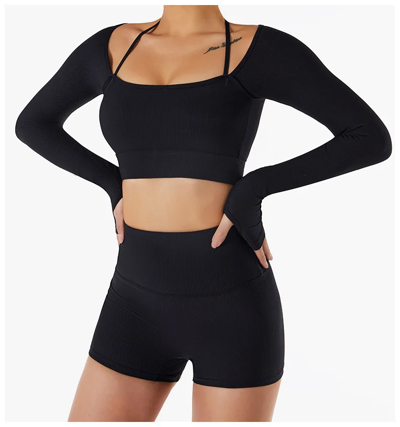 White Compression Ribbed Gym Workout Sports Top Tights Fitness Long Sleeve Yoga T Shirt For Women