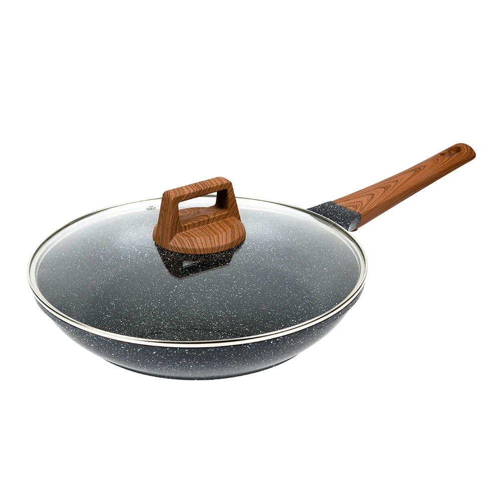 Smartpan Die Cast Aluminium Fry Pan Set White Granite Cookware Non Stick Frying Pan With Lid and Wooden Handle