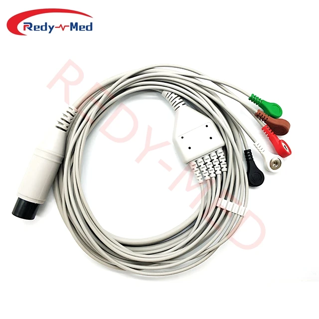 ECG Cables 5 lead snap AHA for AAMI 6Pin compatible with Mindray, Edan, Goldway