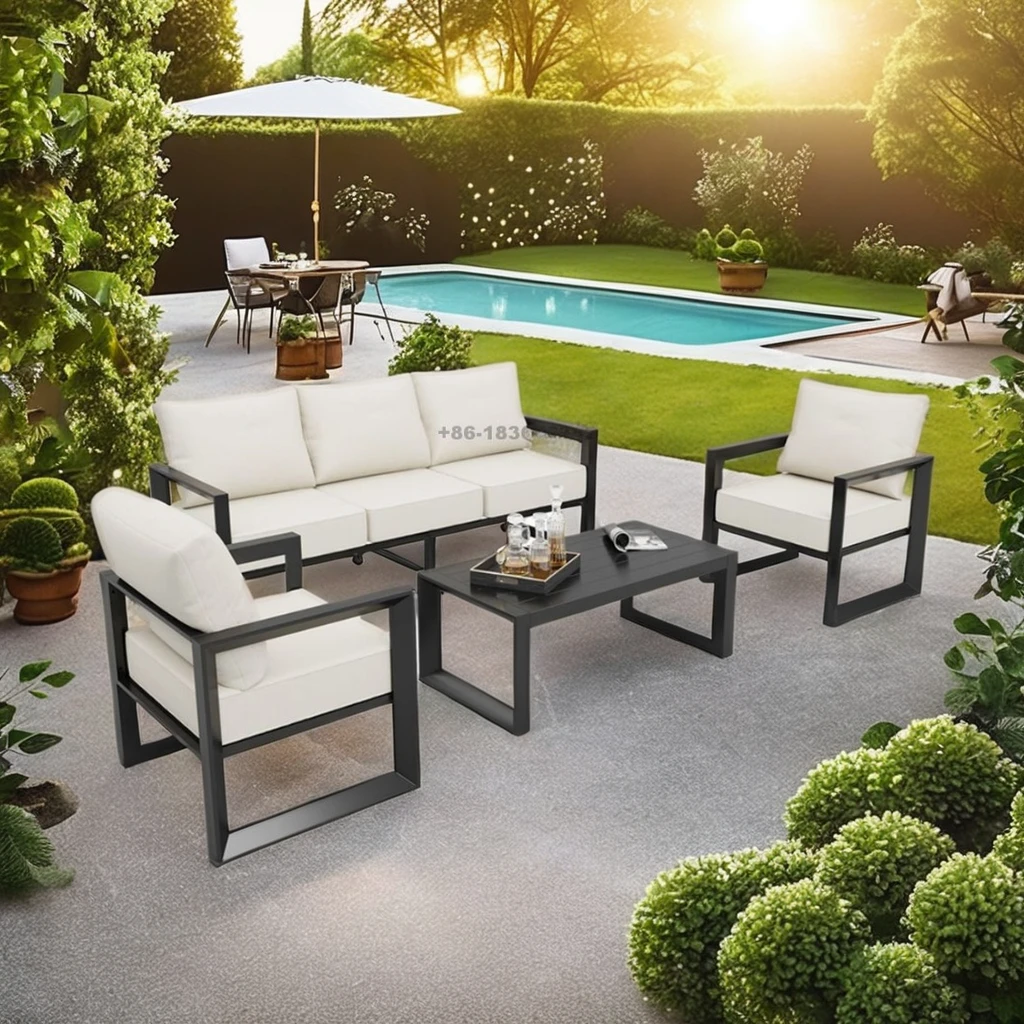 Modern 4-Piece Aluminum Outdoor Garden Patio Furniture Set 3-Seater Long Couch with Soft Cushions Black Color Conversation Sofa