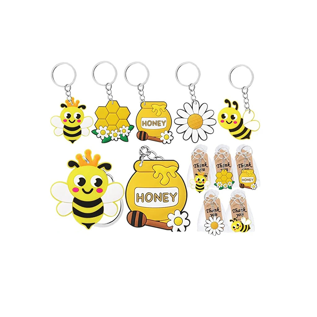 Custom logo personalized cute bag pendant theme kids party decorations birthday baby shower pvc bee keychain