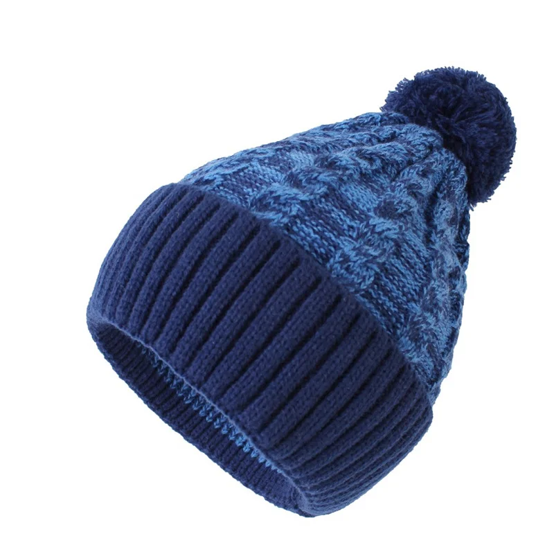 New Style Classic Boys Girls Autumn Winter Ski Thick Knitted Cap Warm Earflap Cuff Beanie Hats With Pom Pom