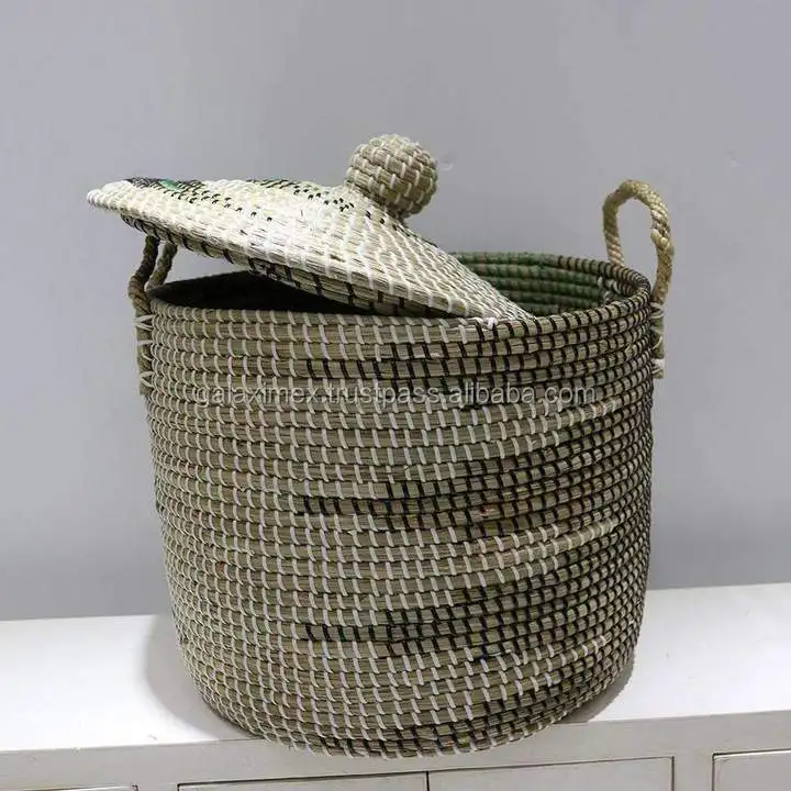 Eco-friendly Seagrass Basket with lid Handmade Natural Wicker Storage Baskets by Vietnam Wholesale made in Vietnam