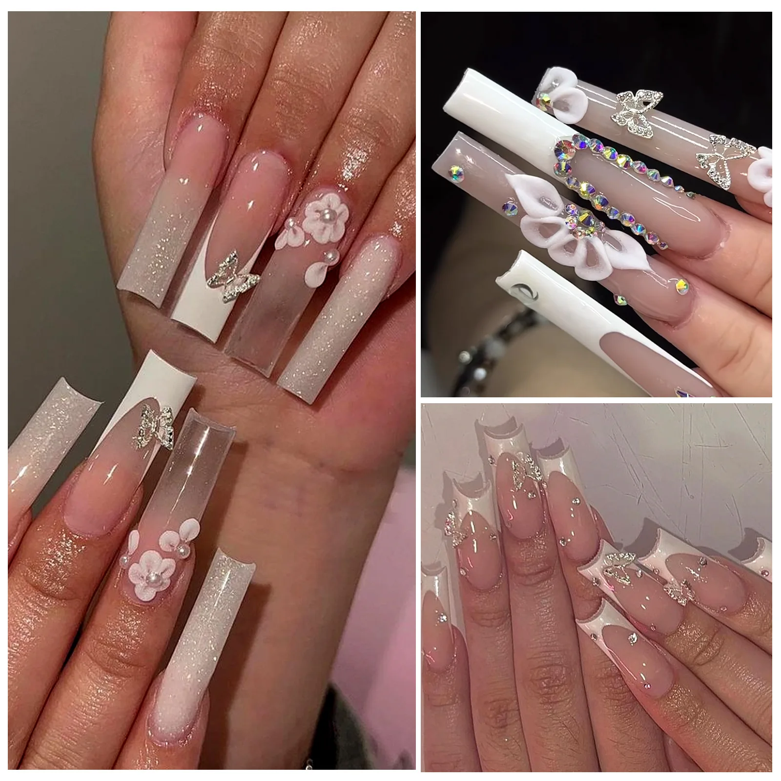 20-Piece Luxury Manicure Accessory Set Silver Alloy Large Butterfly Wings Bow Metal Nail Diamonds Crystal Style DIY Boxed