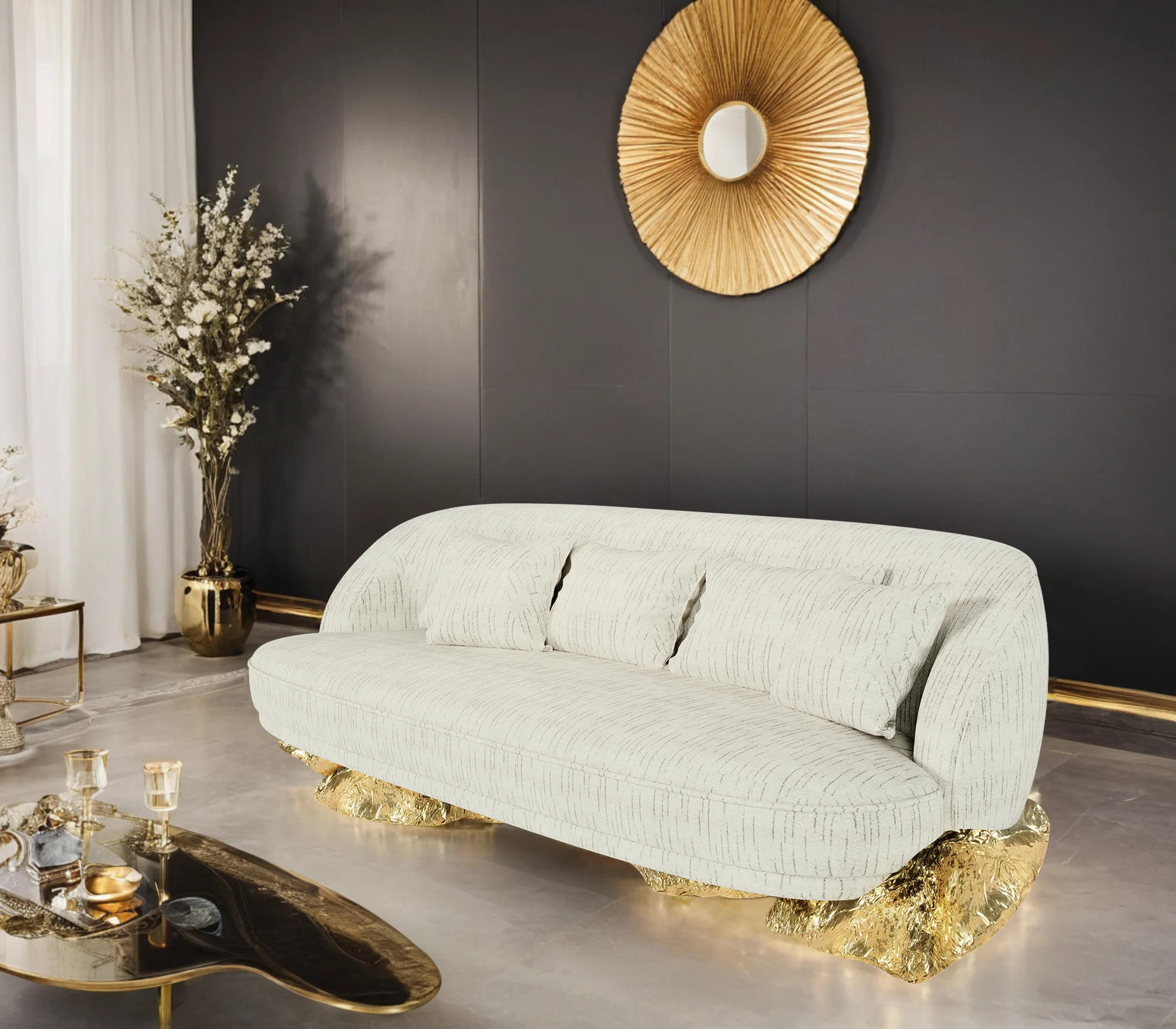 High quality brass base luxury black sofa villa home living room modern couch furniture