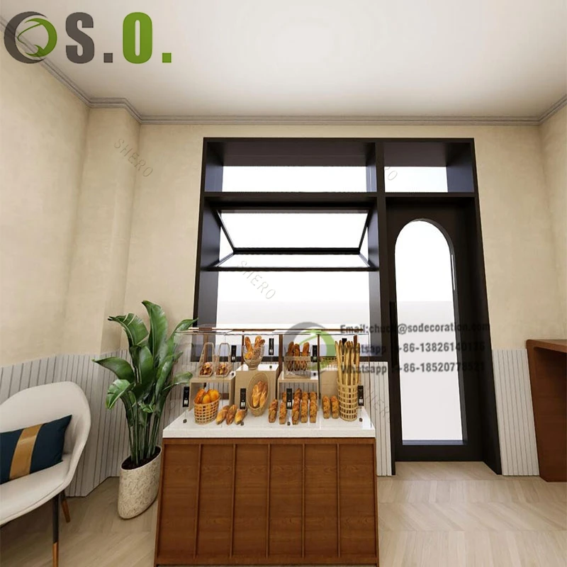 Customized Bakery Interior Wood Display Island Warmer Counter Shelves Rack Basket Bread Display Showcase