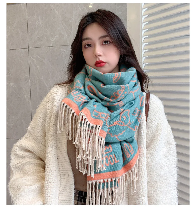 Wholesale Korea cute little dinosaur print tassel scarf cashmere shawl autumn and winter windproof scarf