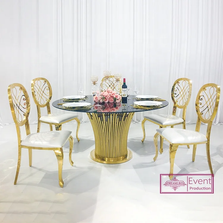 Wedding furniture round glass top restaurant dining table gold stainless steel wedding table (62150921070)