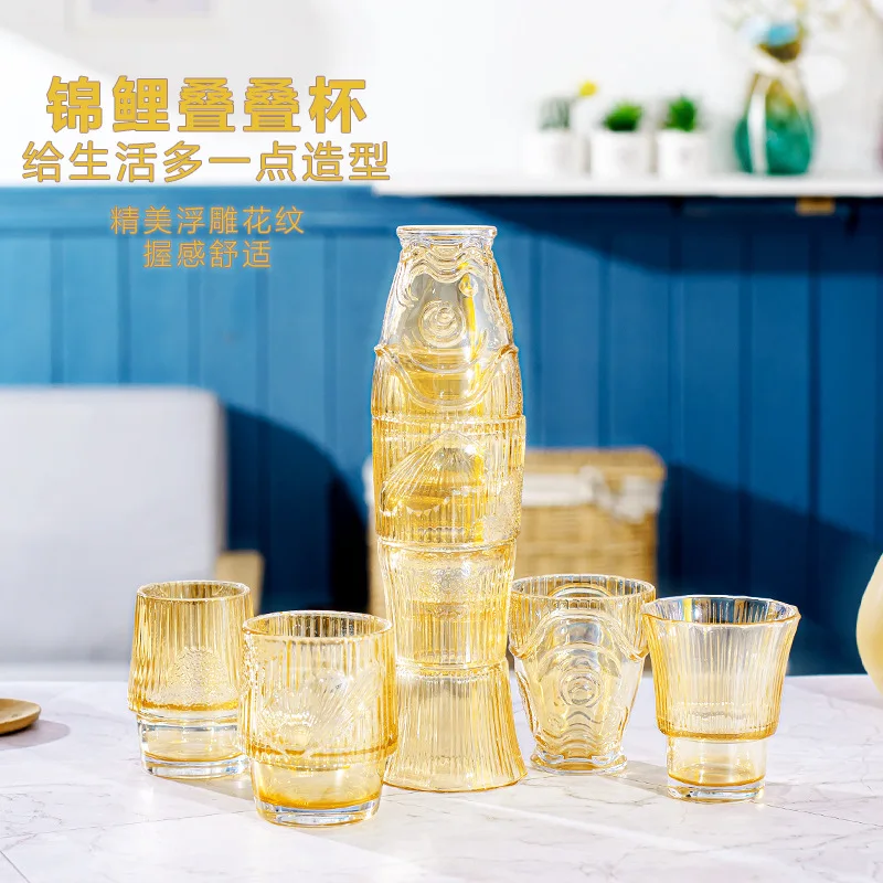 Year after year there are fish koi stacked cup glass water set home living room tea coffee