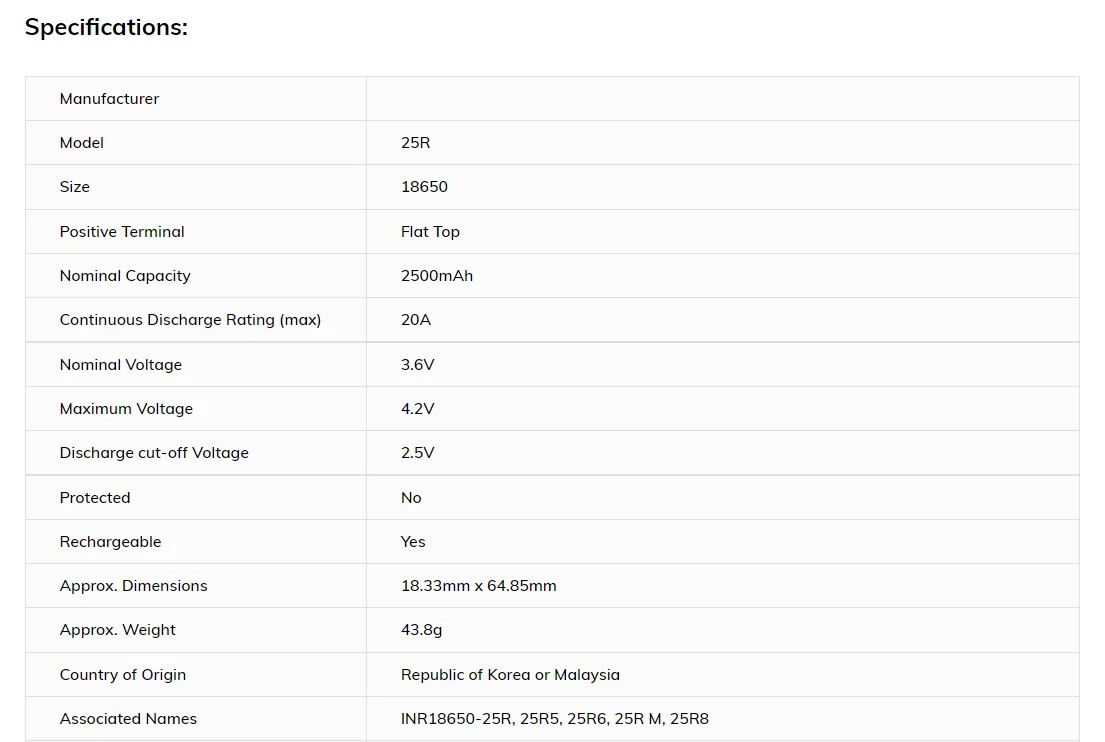 100% original Rechargeable lithium battery 3.7v INR18650 25R 2500mAh 20A discharge 25R battery