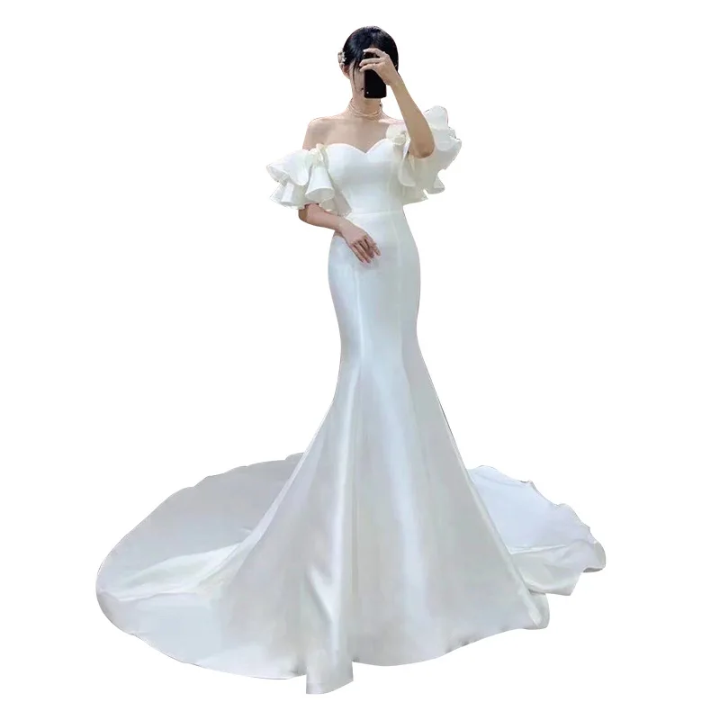 S5925F    2023   High -quality new  Satin minimalist slimming elegant fishtail off shoulder temperament evening dresses