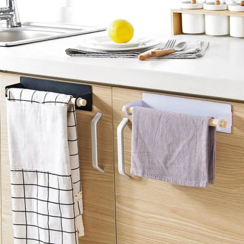 Bathroom Wood Towel Hanger Rack Bar Kitchen Cabinet Cling Film Rag Hanging Holder Organizer Toilet Roll Paper Holder Shelf