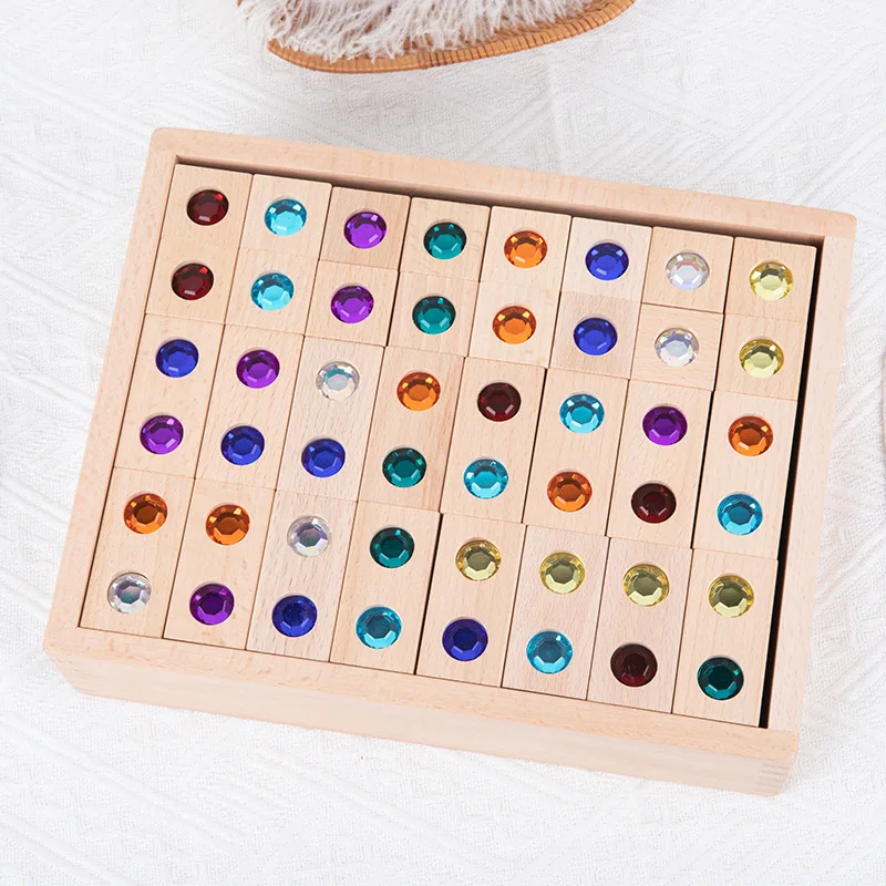 Wooden Acrylic Gemstone Building Blocks Dazzling Rainbow Crystal Children Construction Patchwork Pile Educations Toys For Kids