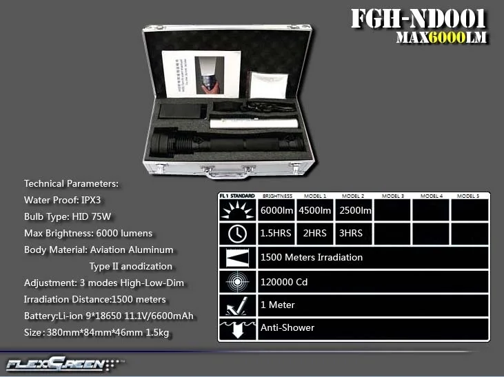 aluminum case rechargeable 7500 lumen xenon flashlight 85w hid flashlight