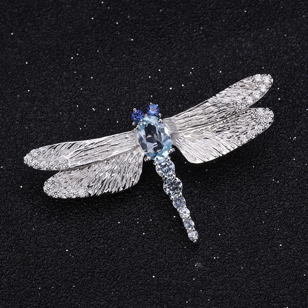 Elegant Luxury Party Jewelry Nano Sapphire Blue Sky Blue Topaz 925 Silver Animal Dragonfly Brooches For Women